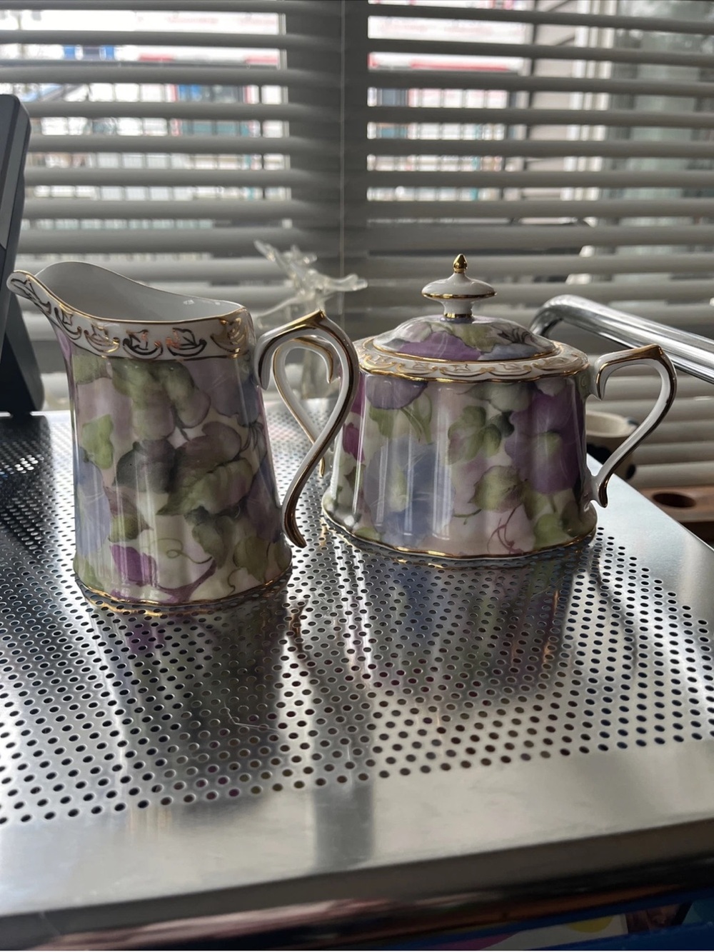 Skye McGhie Morning Glory Porcelain Cream & Sugar Bowl/Lid in Gold Gild.  Mint!
